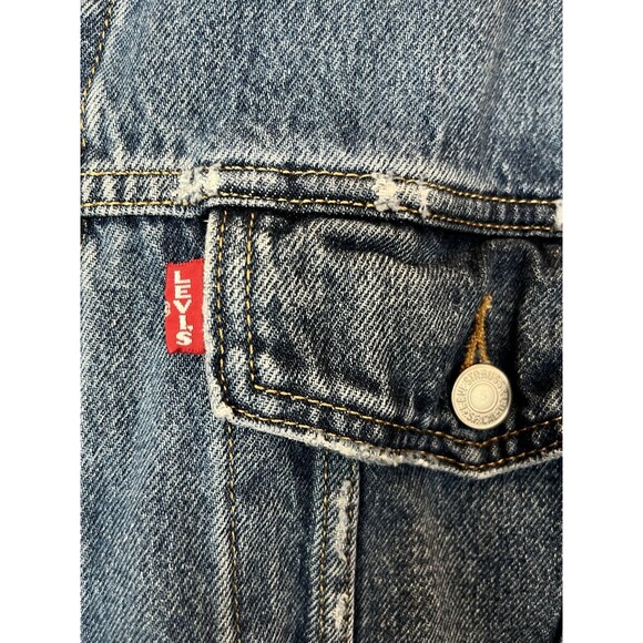 Levi's Men SZ XL Jacket Distressed Premium Trucker Denim BIG E Red Tag - Picture 10 of 10